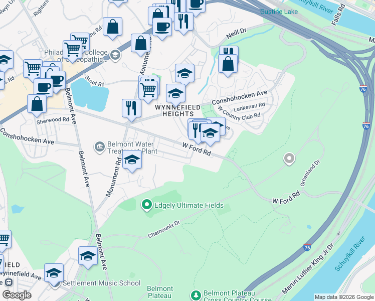 map of restaurants, bars, coffee shops, grocery stores, and more near 2586 Cranston Road in Philadelphia