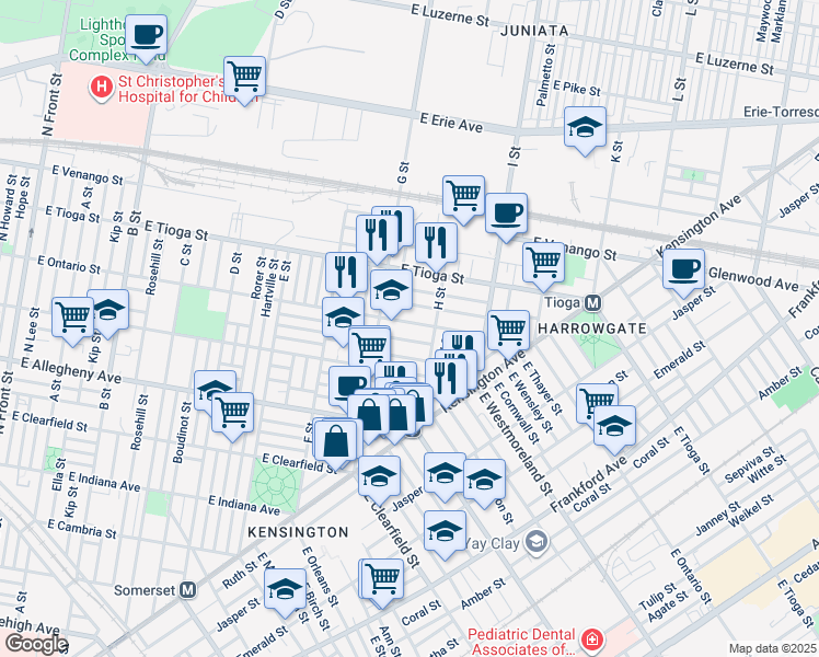 map of restaurants, bars, coffee shops, grocery stores, and more near 834 East Ontario Street in Philadelphia