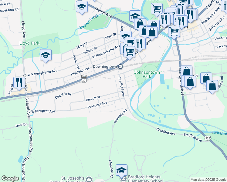 map of restaurants, bars, coffee shops, grocery stores, and more near 233 Church Street in Downingtown