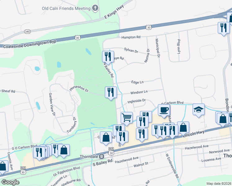 map of restaurants, bars, coffee shops, grocery stores, and more near in Downingtown