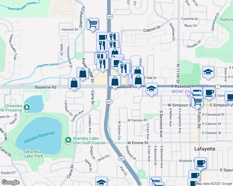 map of restaurants, bars, coffee shops, grocery stores, and more near in Lafayette