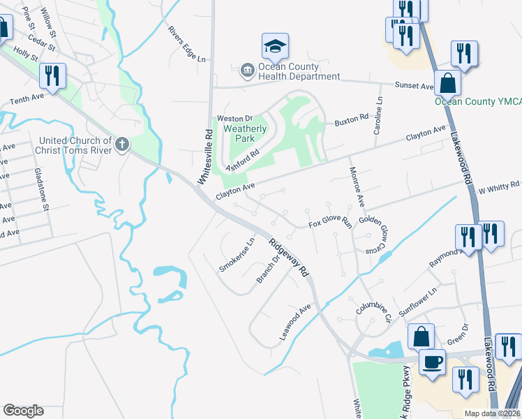 map of restaurants, bars, coffee shops, grocery stores, and more near 18 Bellflower Court in Toms River