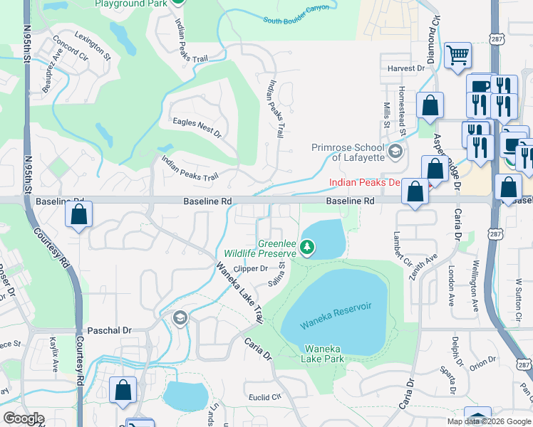 map of restaurants, bars, coffee shops, grocery stores, and more near 102 Rowena Place in Lafayette