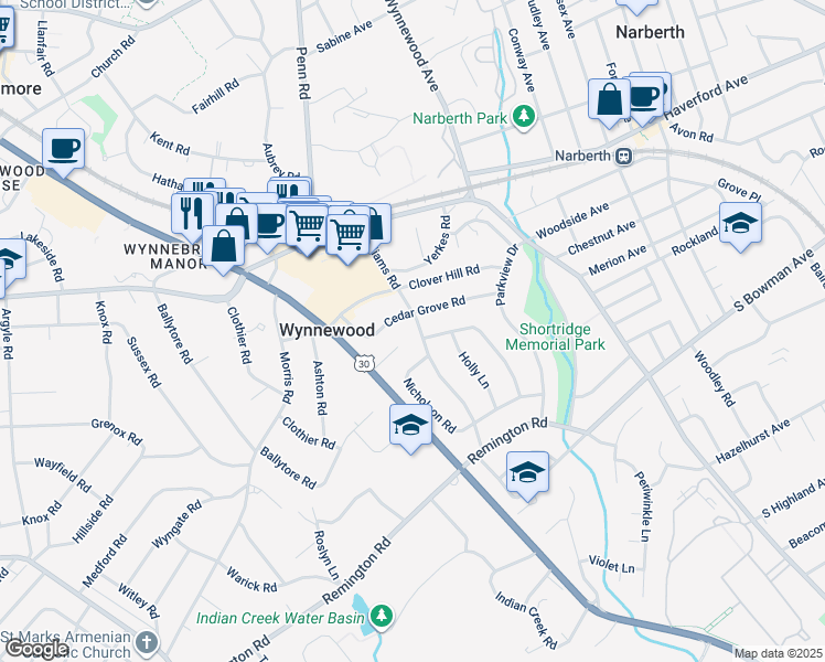 map of restaurants, bars, coffee shops, grocery stores, and more near 510 Williams Road in Montgomery County