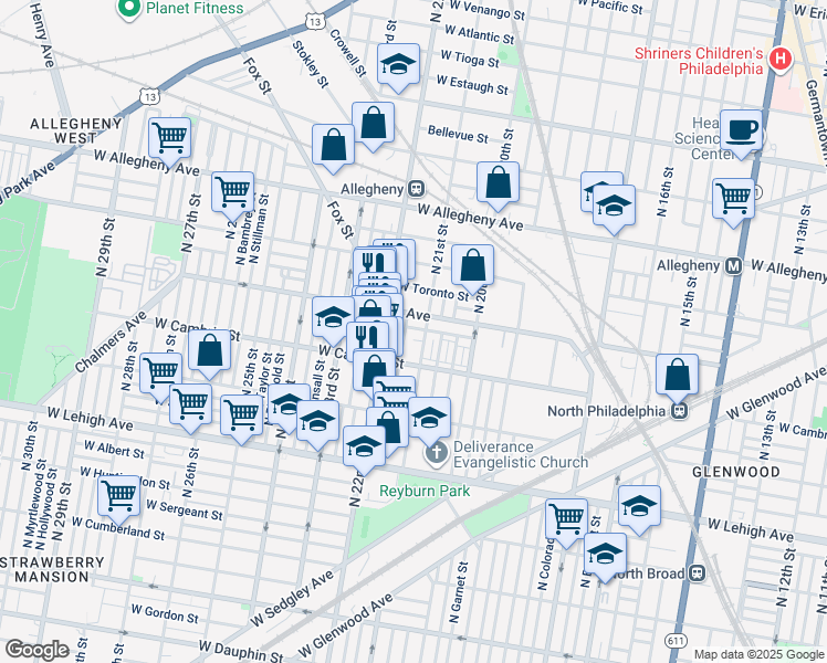 map of restaurants, bars, coffee shops, grocery stores, and more near 2114 West Stella Street in Philadelphia