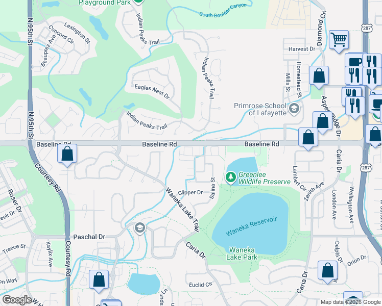 map of restaurants, bars, coffee shops, grocery stores, and more near 102 Rowena Place in Lafayette