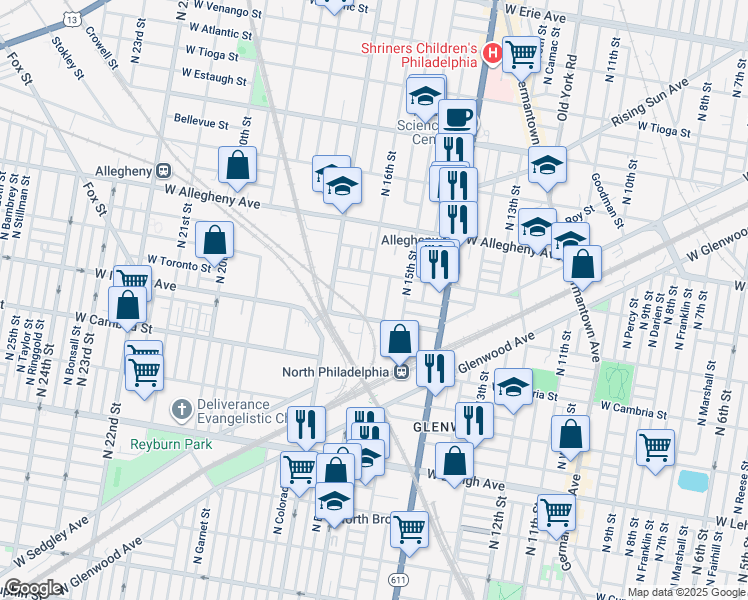 map of restaurants, bars, coffee shops, grocery stores, and more near 3025 North 16th Street in Philadelphia