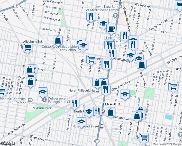 map of restaurants, bars, coffee shops, grocery stores, and more near 3025 North 16th Street in Philadelphia