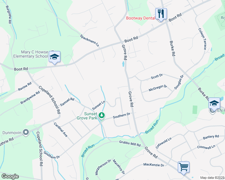 map of restaurants, bars, coffee shops, grocery stores, and more near 1272 Grove Road in West Chester