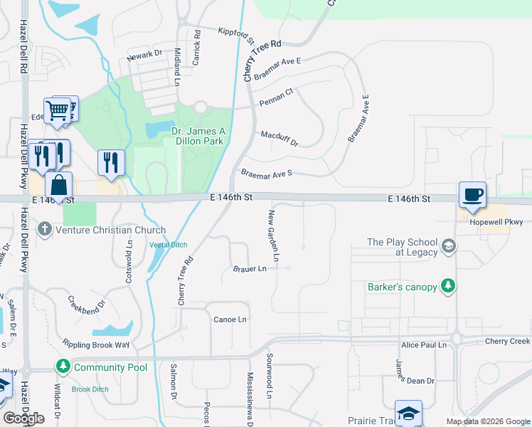 map of restaurants, bars, coffee shops, grocery stores, and more near 14530 New Garden Lane in Carmel