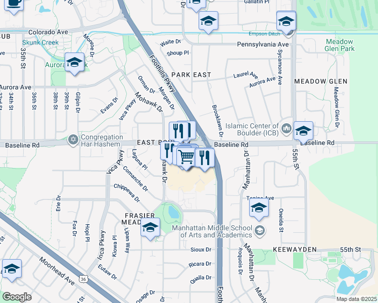 map of restaurants, bars, coffee shops, grocery stores, and more near 4770 Baseline Road in Boulder