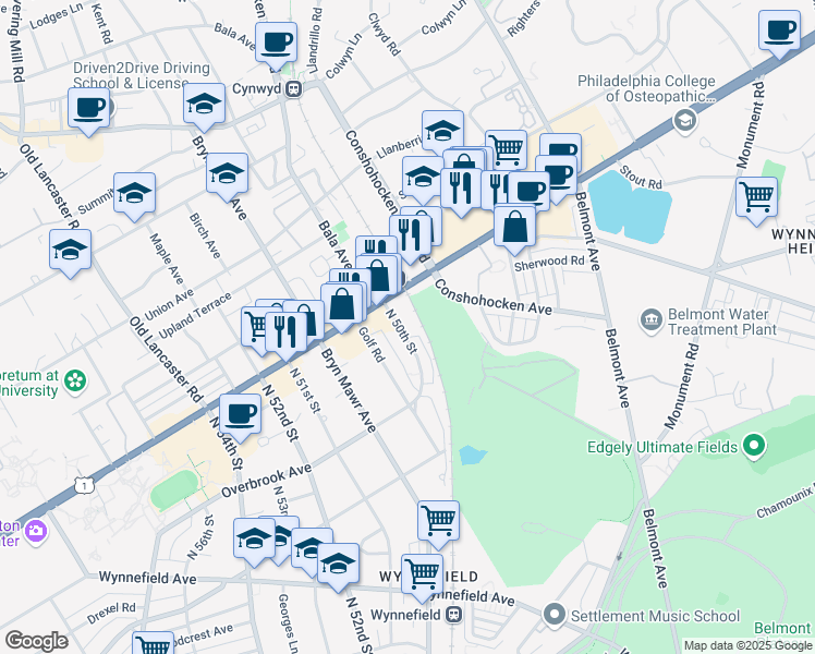 map of restaurants, bars, coffee shops, grocery stores, and more near 2465 North 50th Street in Philadelphia