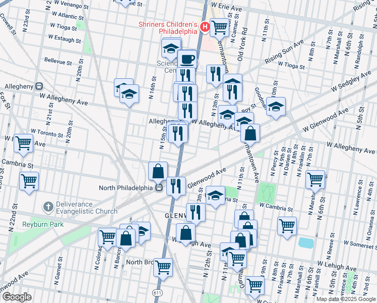 map of restaurants, bars, coffee shops, grocery stores, and more near 1349 West Toronto Street in Philadelphia