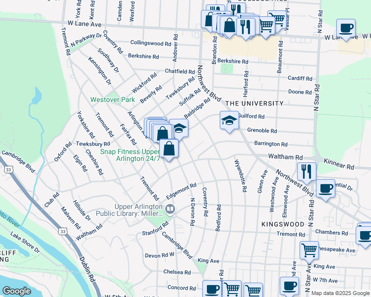 map of restaurants, bars, coffee shops, grocery stores, and more near 2100 Arlington Avenue in Columbus