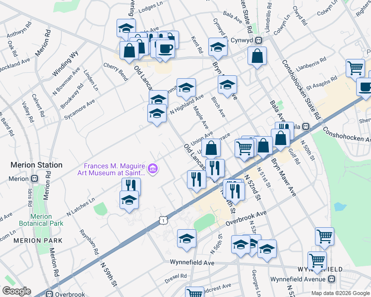 map of restaurants, bars, coffee shops, grocery stores, and more near 40 Old Lancaster Road in Merion Station