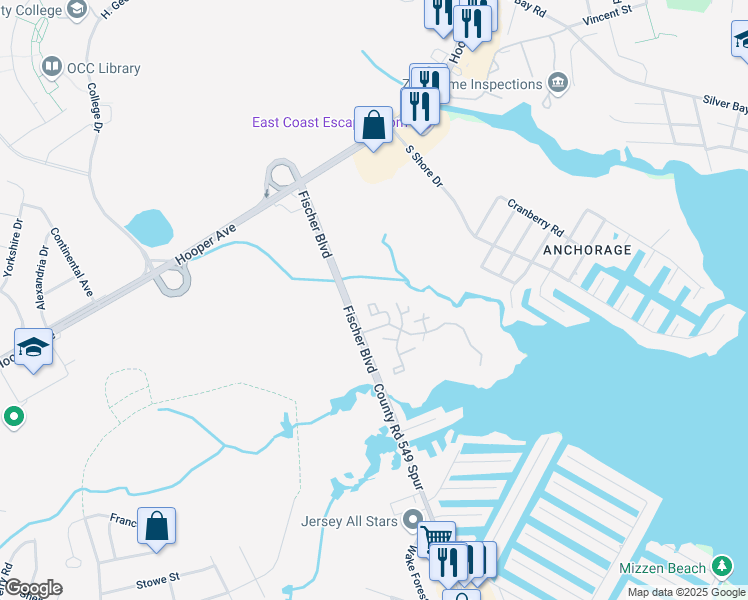 map of restaurants, bars, coffee shops, grocery stores, and more near 1319 Waters Edge Drive in Toms River