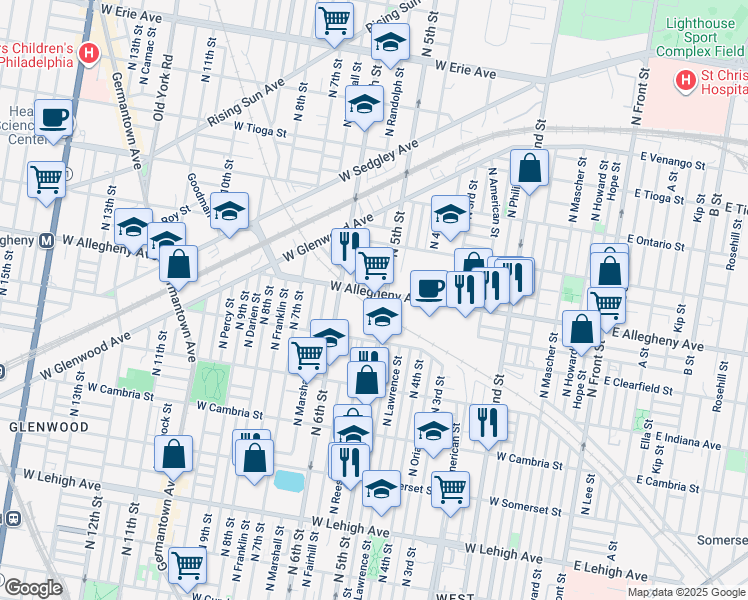 map of restaurants, bars, coffee shops, grocery stores, and more near 510 West Allegheny Avenue in Philadelphia