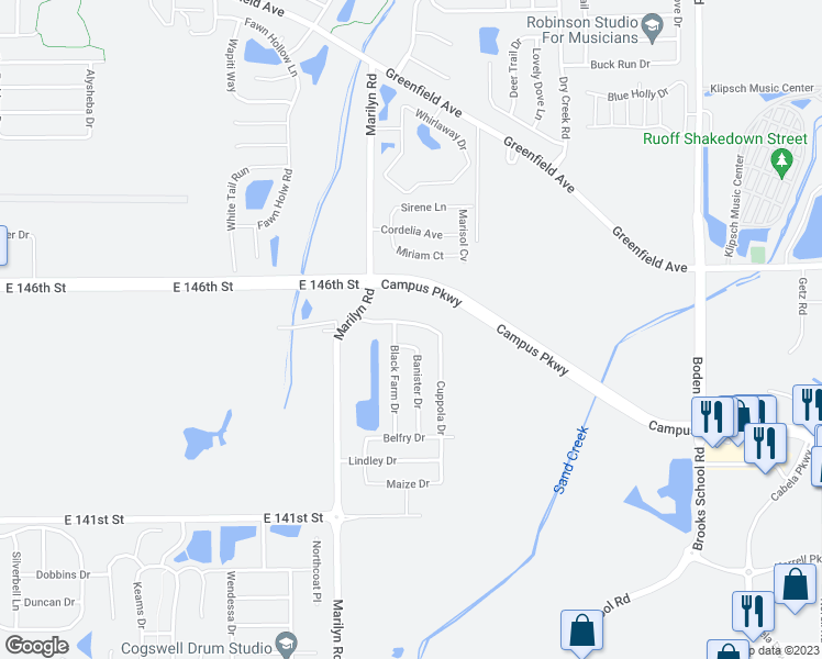map of restaurants, bars, coffee shops, grocery stores, and more near 14438 Banister Drive in Noblesville