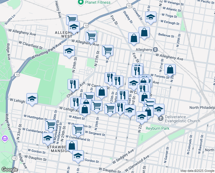 map of restaurants, bars, coffee shops, grocery stores, and more near 2903 North Bambrey Street in Philadelphia