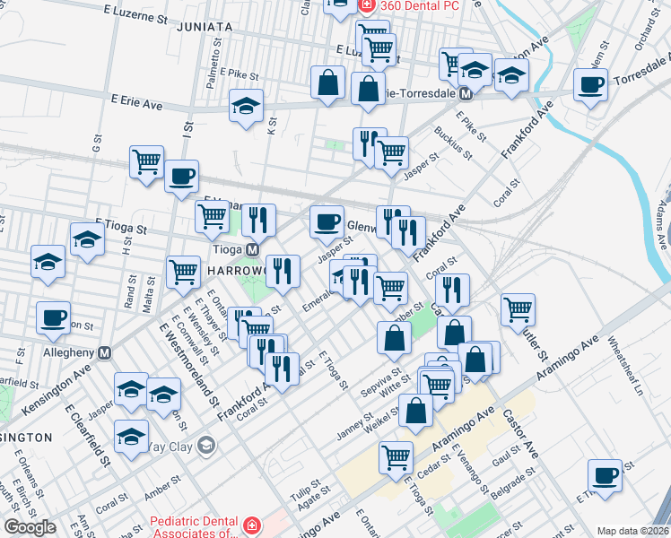 map of restaurants, bars, coffee shops, grocery stores, and more near E Venango St & Helen St in Philadelphia