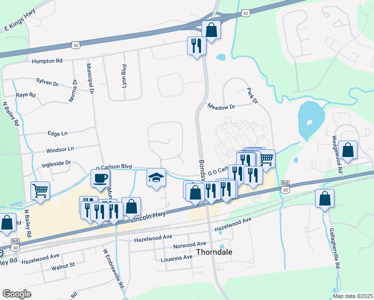 map of restaurants, bars, coffee shops, grocery stores, and more near 208 Thornridge Drive in Thorndale