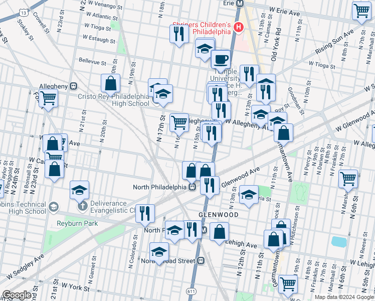 map of restaurants, bars, coffee shops, grocery stores, and more near 3033 North Sydenham Street in Philadelphia