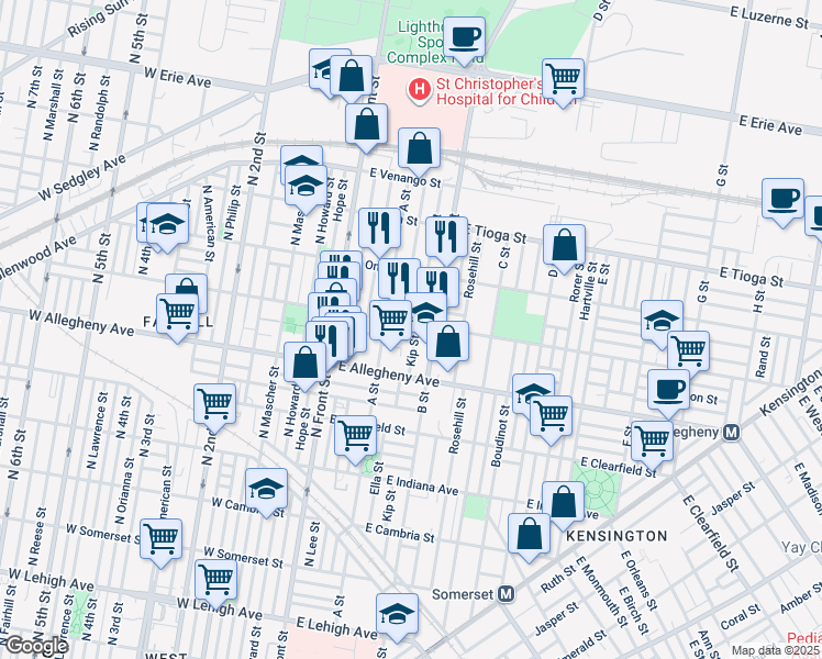 map of restaurants, bars, coffee shops, grocery stores, and more near 234 East Westmoreland Street in Philadelphia