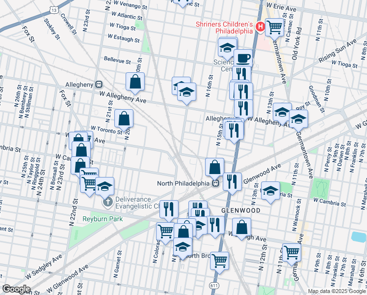 map of restaurants, bars, coffee shops, grocery stores, and more near 3021 North 17th Street in Philadelphia