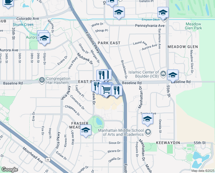 map of restaurants, bars, coffee shops, grocery stores, and more near 4770 Baseline Road in Boulder