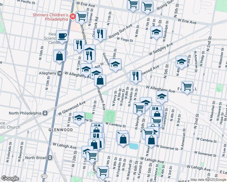 map of restaurants, bars, coffee shops, grocery stores, and more near 3125 North Hutchinson Street in Philadelphia