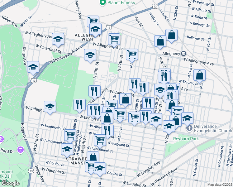 map of restaurants, bars, coffee shops, grocery stores, and more near 2838 North Bailey Street in Philadelphia
