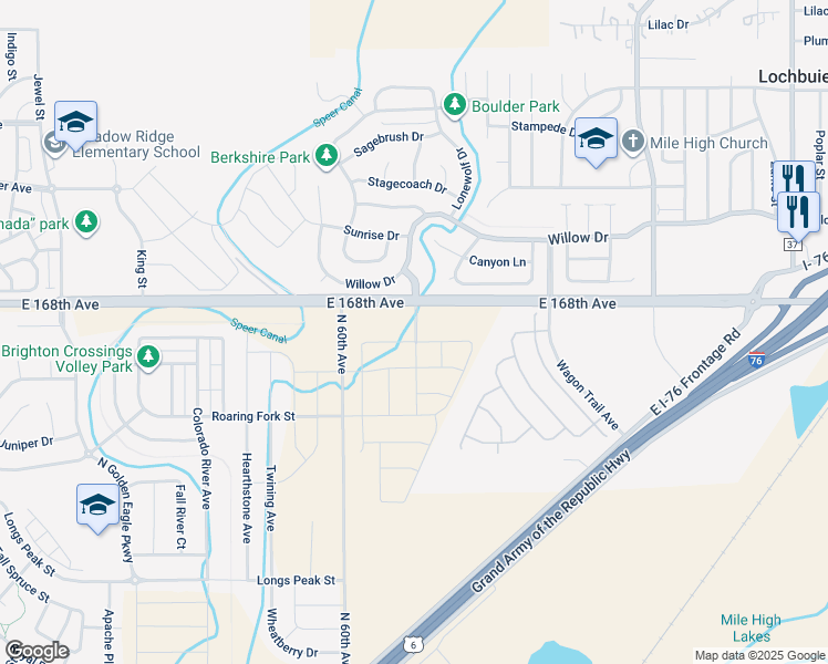 map of restaurants, bars, coffee shops, grocery stores, and more near 21754-21768 East 168th Avenue in Lochbuie