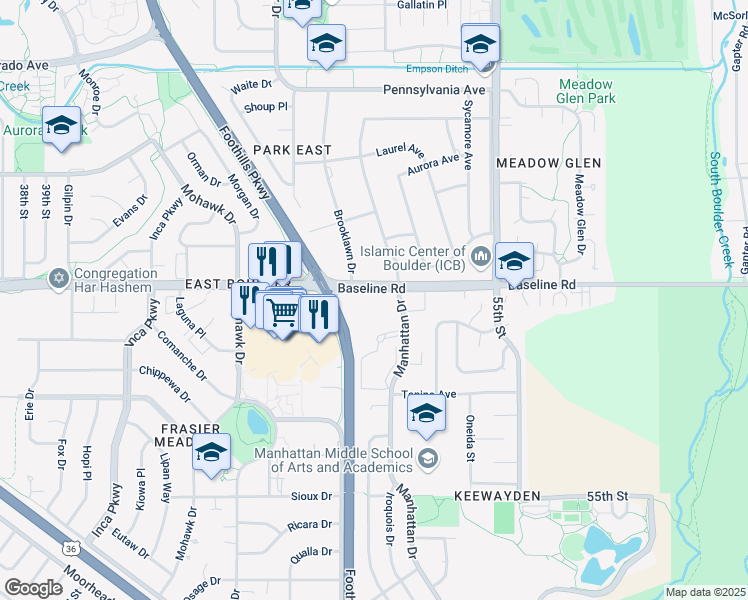 map of restaurants, bars, coffee shops, grocery stores, and more near 645 Manhattan Place in Boulder