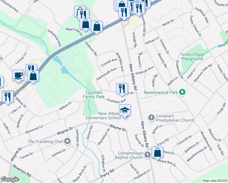 map of restaurants, bars, coffee shops, grocery stores, and more near 608 Fountain Avenue in Cinnaminson
