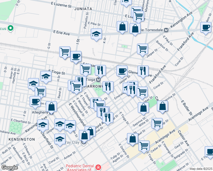 map of restaurants, bars, coffee shops, grocery stores, and more near 1863 East Tioga Street in Philadelphia