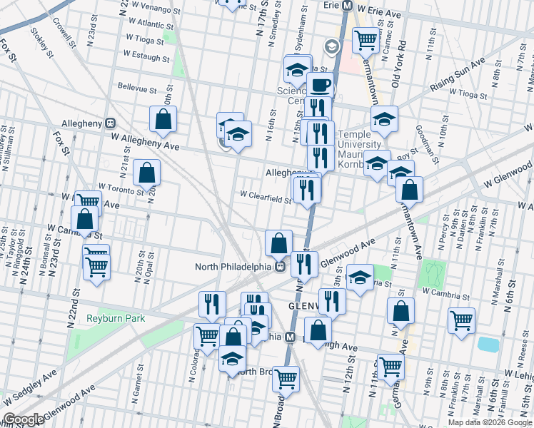 map of restaurants, bars, coffee shops, grocery stores, and more near 3004 North Sydenham Street in Philadelphia