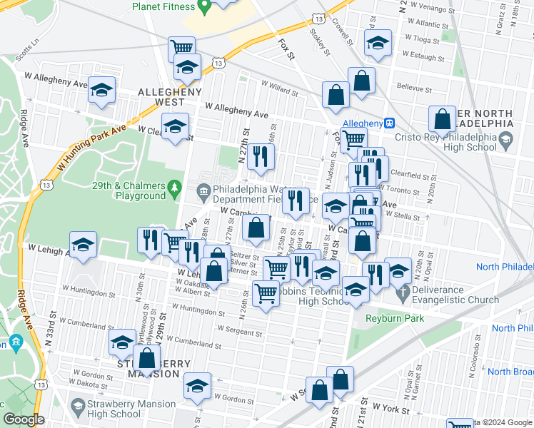 map of restaurants, bars, coffee shops, grocery stores, and more near 2852 North Stillman Street in Philadelphia
