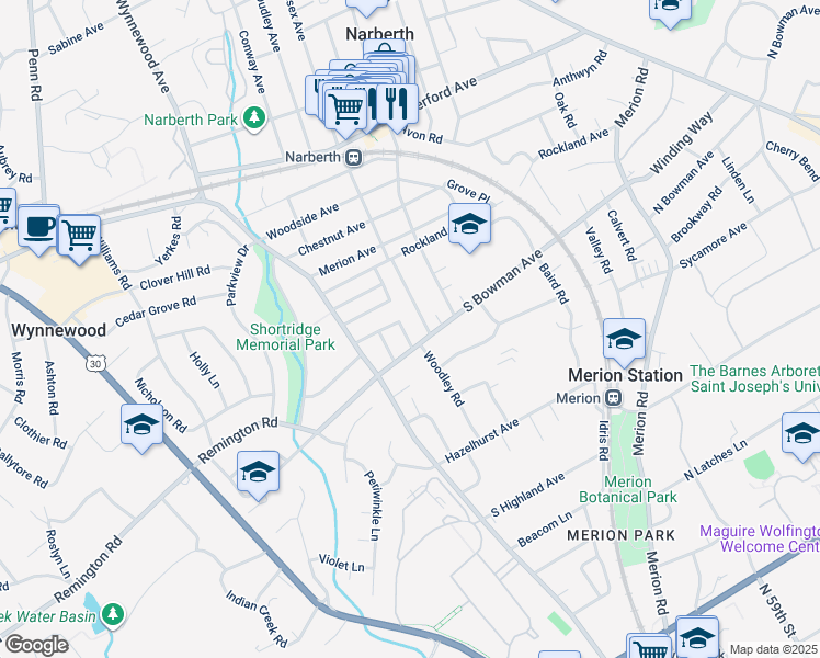 map of restaurants, bars, coffee shops, grocery stores, and more near 707 South Bowman Avenue in Merion Station