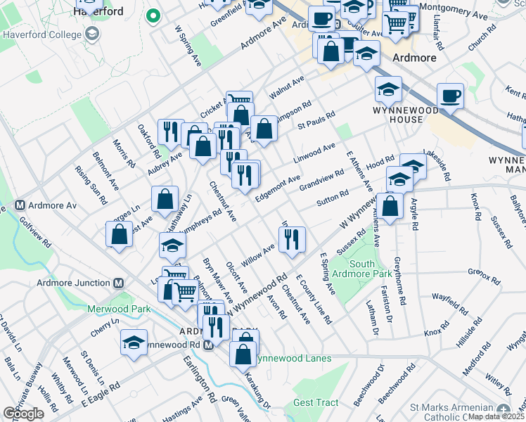 map of restaurants, bars, coffee shops, grocery stores, and more near 315 East County Line Road in Ardmore