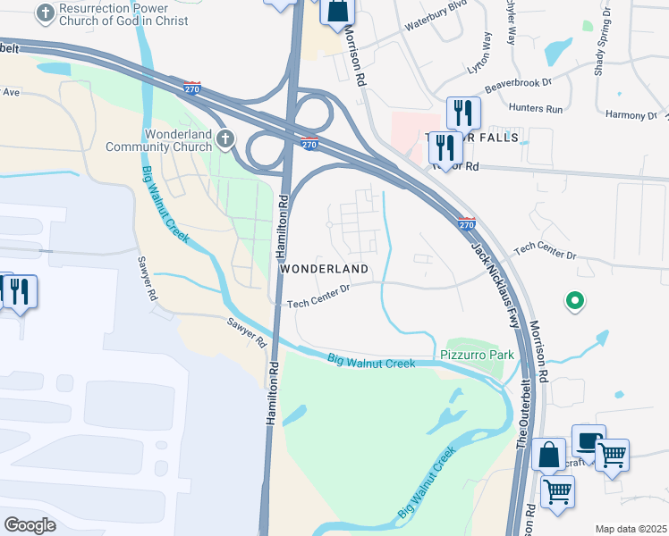 map of restaurants, bars, coffee shops, grocery stores, and more near 701 Tech Center Drive in Gahanna