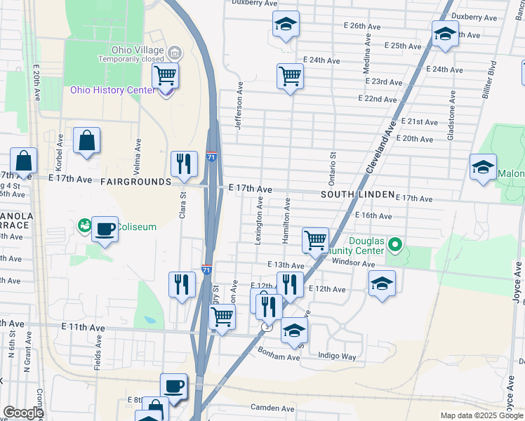 map of restaurants, bars, coffee shops, grocery stores, and more near 968 East 15th Avenue in Columbus