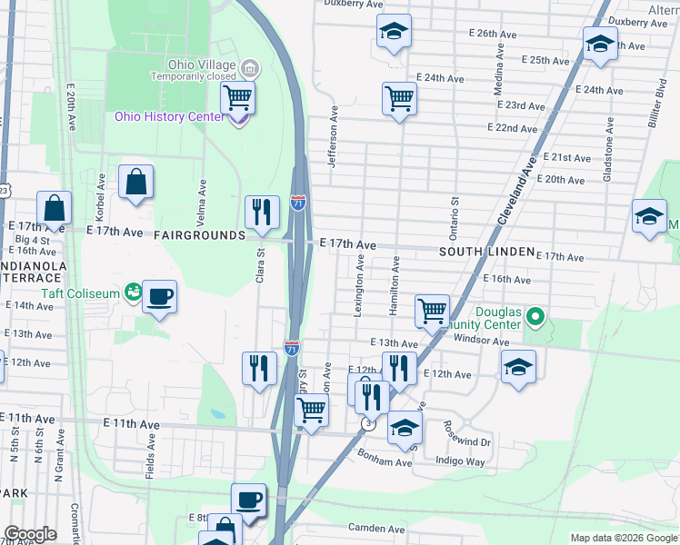 map of restaurants, bars, coffee shops, grocery stores, and more near 1669 Jefferson Avenue in Columbus