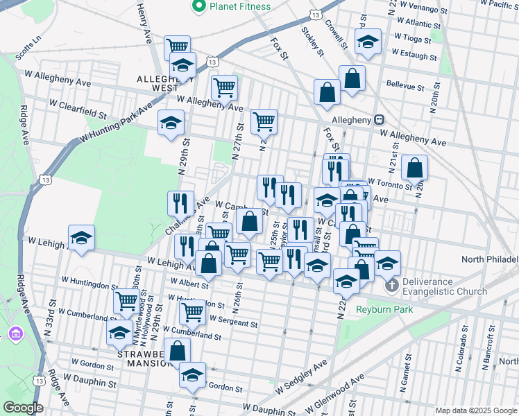 map of restaurants, bars, coffee shops, grocery stores, and more near 2902 North Bambrey Street in Philadelphia