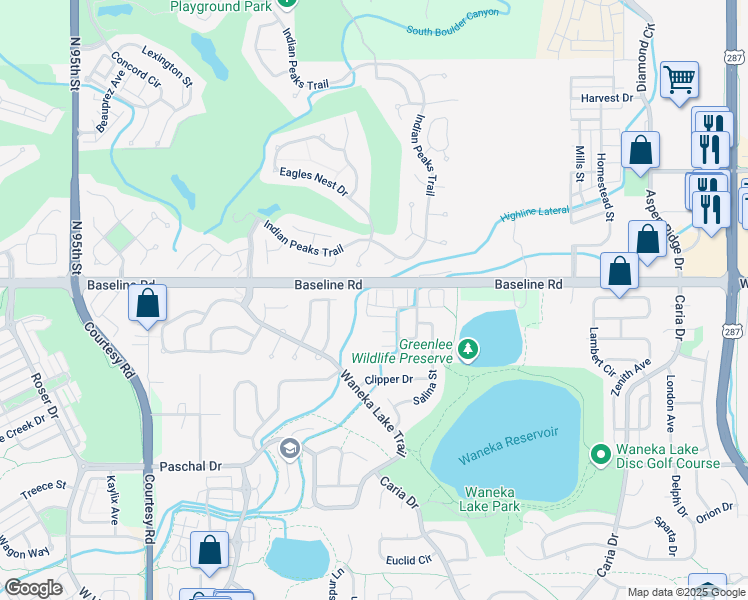 map of restaurants, bars, coffee shops, grocery stores, and more near 2061 North Fork Drive in Lafayette