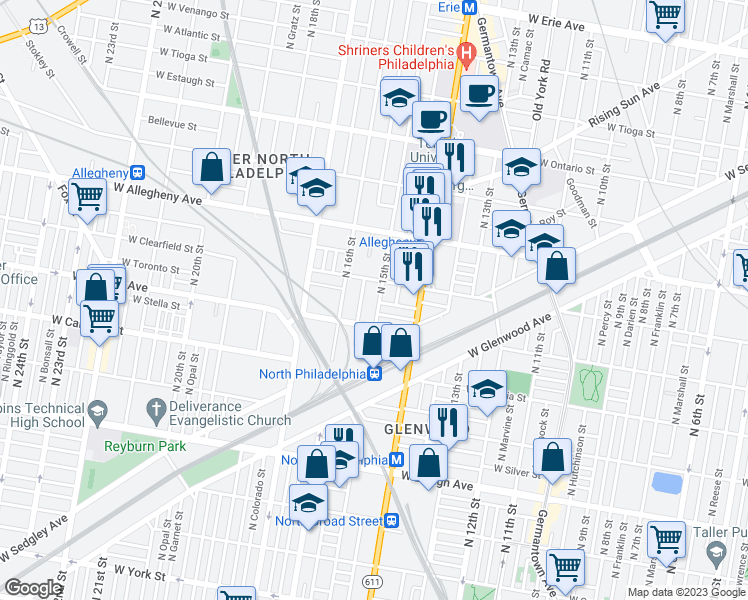 map of restaurants, bars, coffee shops, grocery stores, and more near 3034 North 15th Street in Philadelphia