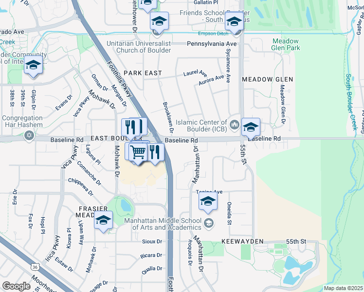 map of restaurants, bars, coffee shops, grocery stores, and more near 645 Manhattan Place in Boulder