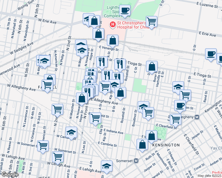 map of restaurants, bars, coffee shops, grocery stores, and more near 236 East Westmoreland Street in Philadelphia