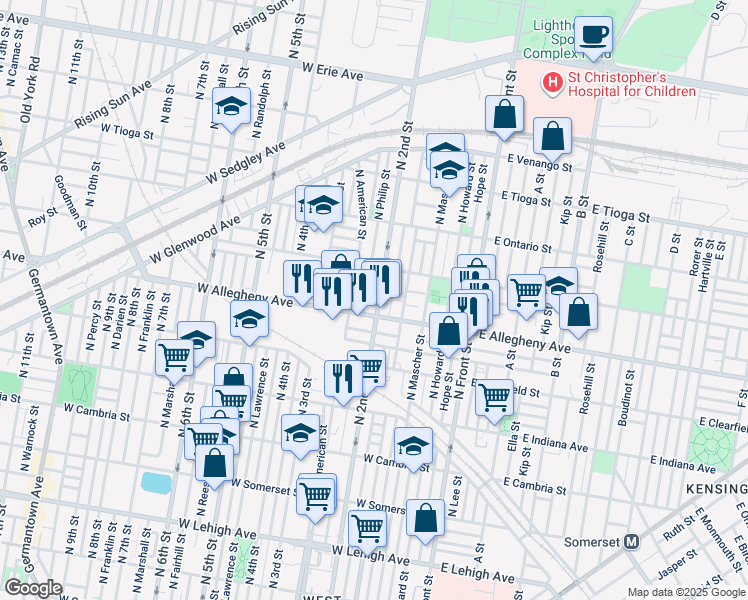 map of restaurants, bars, coffee shops, grocery stores, and more near 3214 North 2nd Street in Philadelphia