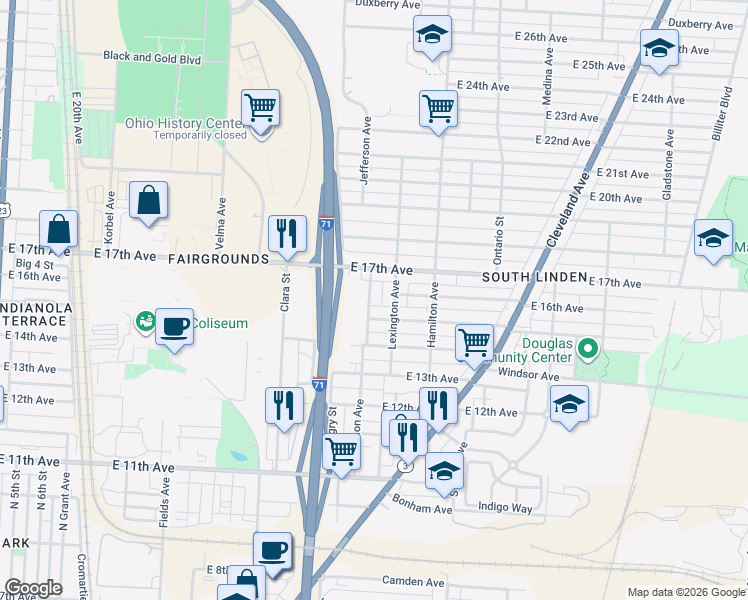 map of restaurants, bars, coffee shops, grocery stores, and more near 1669 Jefferson Avenue in Columbus