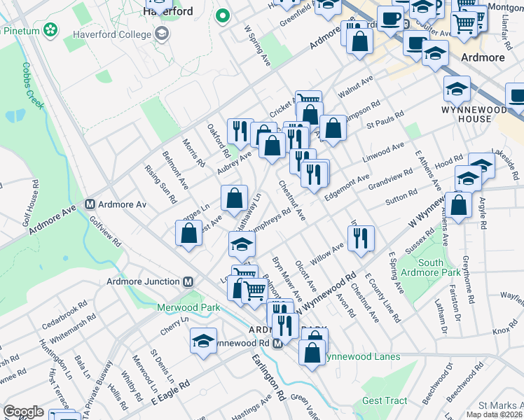 map of restaurants, bars, coffee shops, grocery stores, and more near 754 Oakview Road in Ardmore